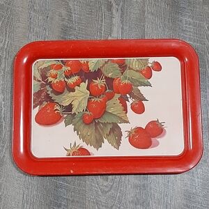 Vintage Metal Tray Red Strawberry Green Leaves 17 1/2" x 12 3/4" x 3/4" Kitchen